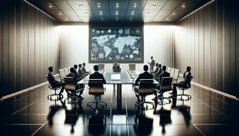 Reunión corporativa de ejecutivos tecnológicos en una sala de juntas moderna, con laptops y pantallas digitales.