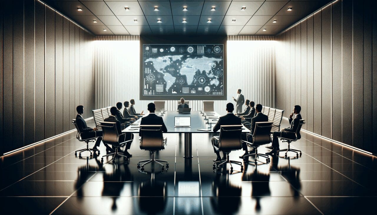 Reunión corporativa de ejecutivos tecnológicos en una sala de juntas moderna, con laptops y pantallas digitales.