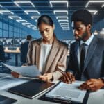 Dos profesionales revisando documentos legales en una oficina tecnológica moderna con pantallas y laptops.