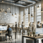 Oficinas modernas con equipos tecnológicos y emprendedores colaborando en un espacio de coworking.