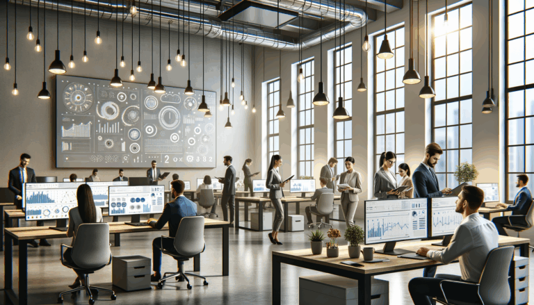 Oficinas modernas con equipos tecnológicos y emprendedores colaborando en un espacio de coworking.