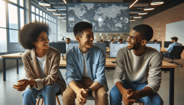 Tres jóvenes fundadores dialogan animadamente en un entorno de coworking moderno con pantallas de tecnología en el fondo.