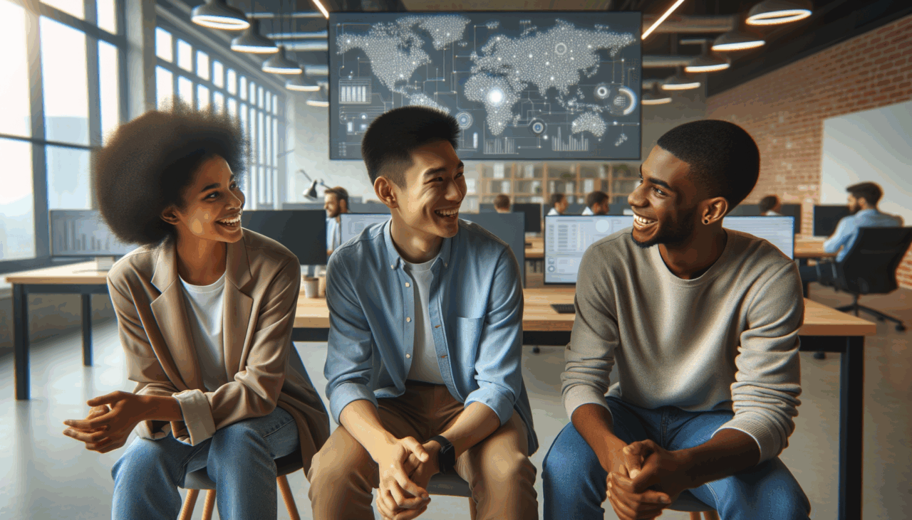 Tres jóvenes fundadores dialogan animadamente en un entorno de coworking moderno con pantallas de tecnología en el fondo.