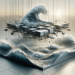 Olas oceánicas chocando contra una estructura metálica flotante bajo un cielo despejado, en un entorno tecnológico.