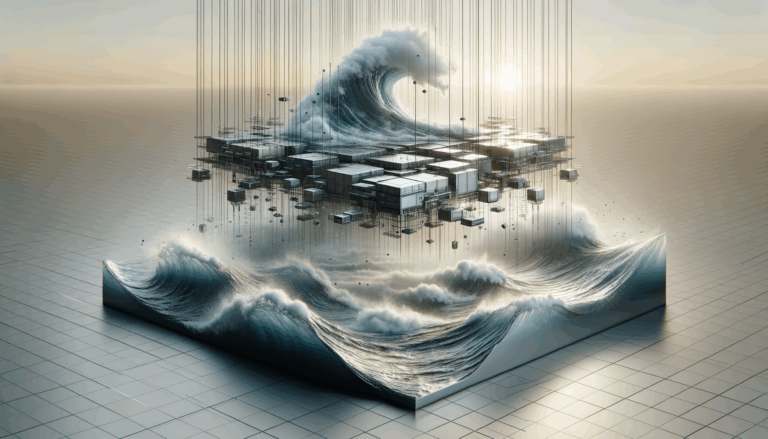 Olas oceánicas chocando contra una estructura metálica flotante bajo un cielo despejado, en un entorno tecnológico.