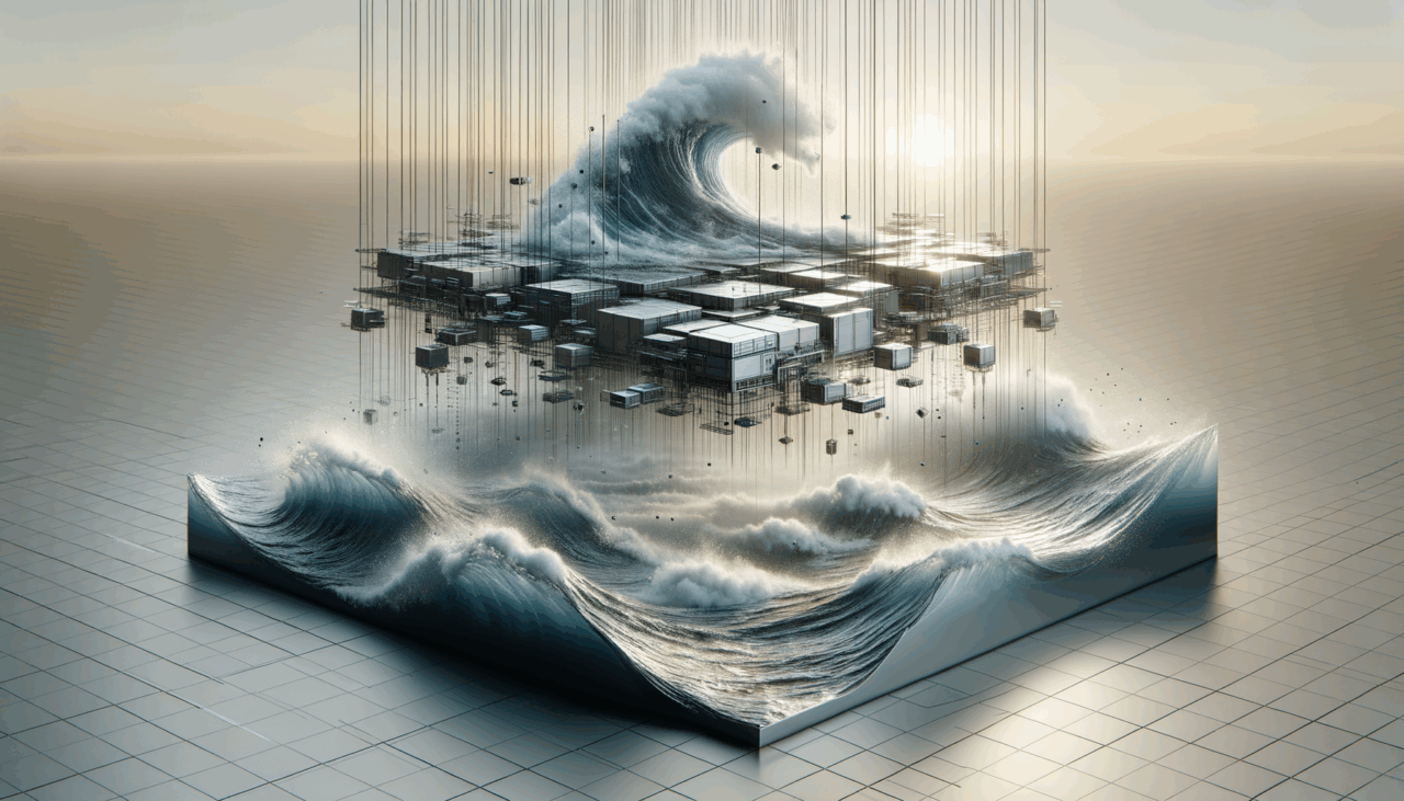 Olas oceánicas chocando contra una estructura metálica flotante bajo un cielo despejado, en un entorno tecnológico.