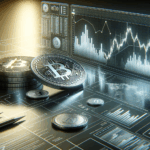 Primer plano de monedas digitales y gráficos financieros en una pantalla moderna.