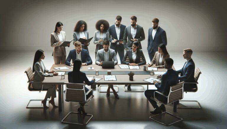 Emprendedores en una sala de juntas moderna revisando documentos legales y financieros sobre una mesa.
