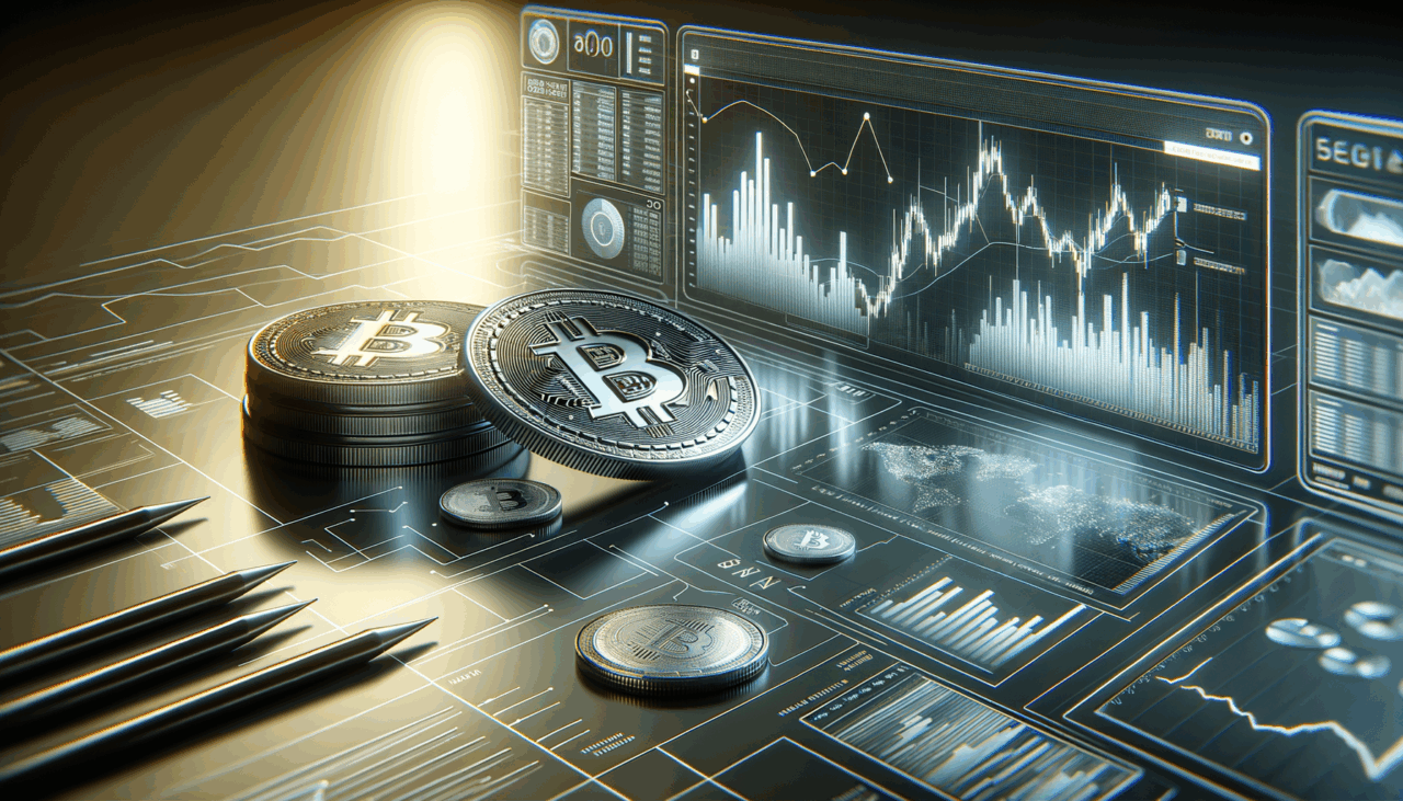 Primer plano de monedas digitales y gráficos financieros en una pantalla moderna.