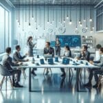 Equipo de profesionales discutiendo en un moderno coworking tecnológico, dispositivos IoT visibles sobre la mesa.