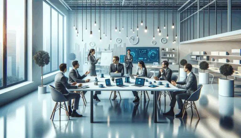 Equipo de profesionales discutiendo en un moderno coworking tecnológico, dispositivos IoT visibles sobre la mesa.