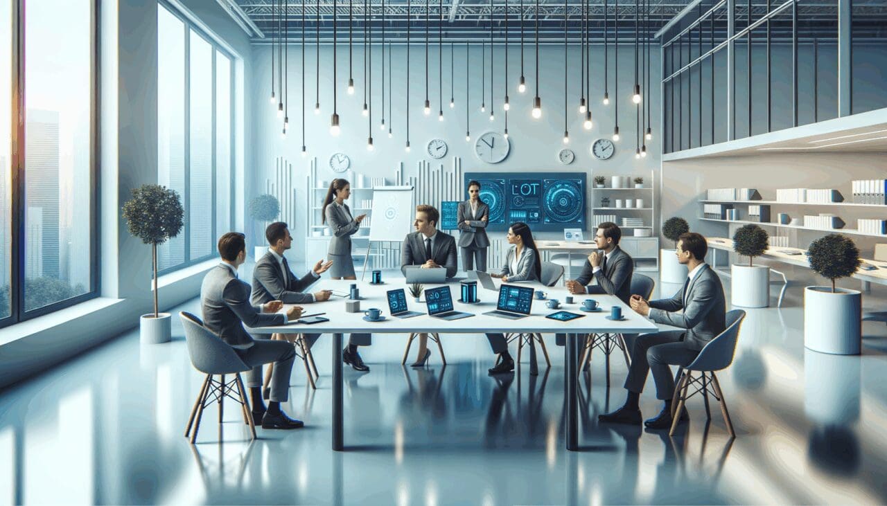 Equipo de profesionales discutiendo en un moderno coworking tecnológico, dispositivos IoT visibles sobre la mesa.