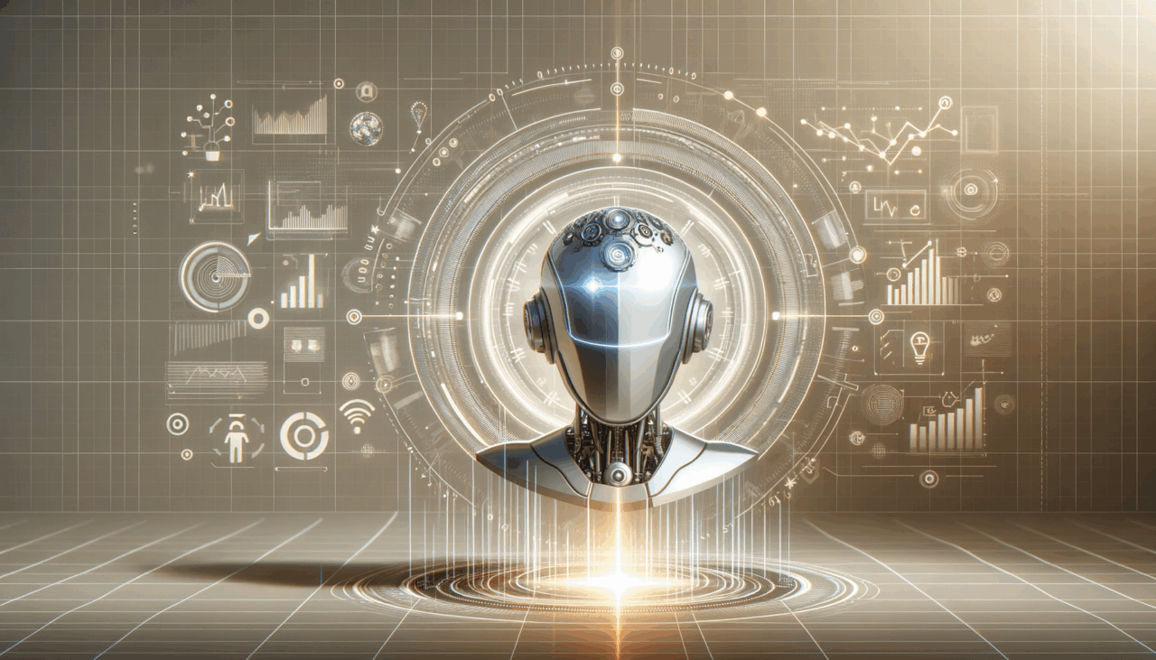 Ilustración conceptual de una inteligencia artificial moderna con luces y gráficos financieros en un fondo tecnológico elegante.