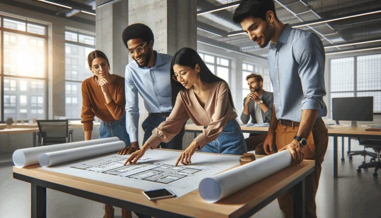 Equipo diverso de emprendedores analizando planos y datos en un espacio de coworking moderno.