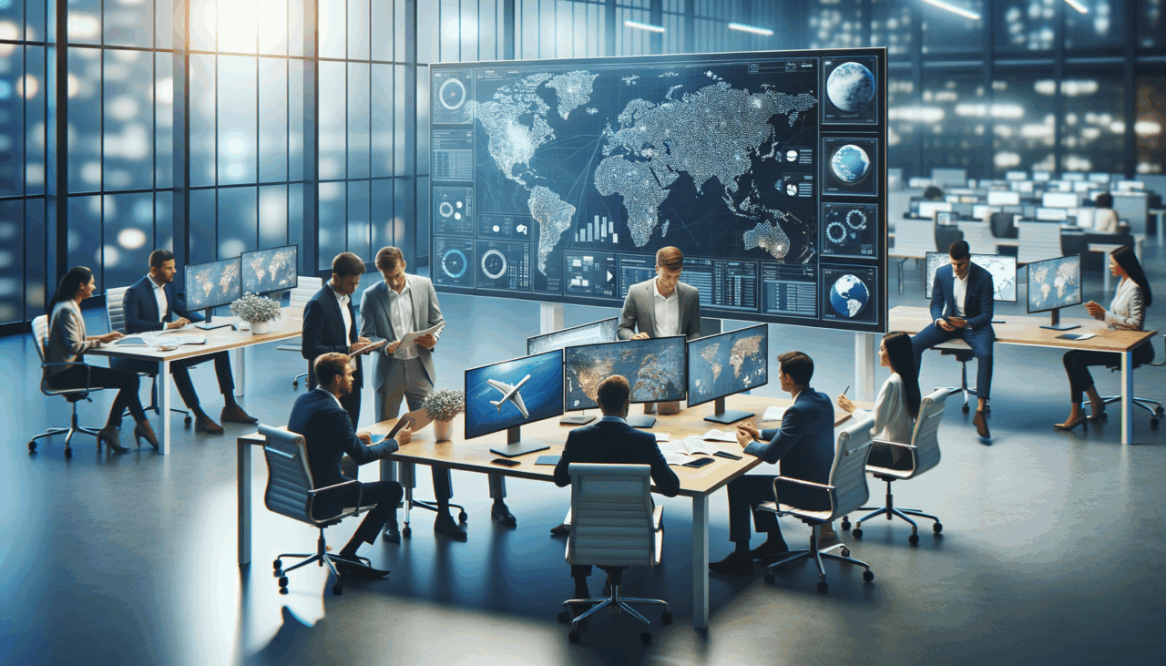 Oficina moderna con emprendedores colaborando y pantallas mostrando mapas y reservas turísticas.