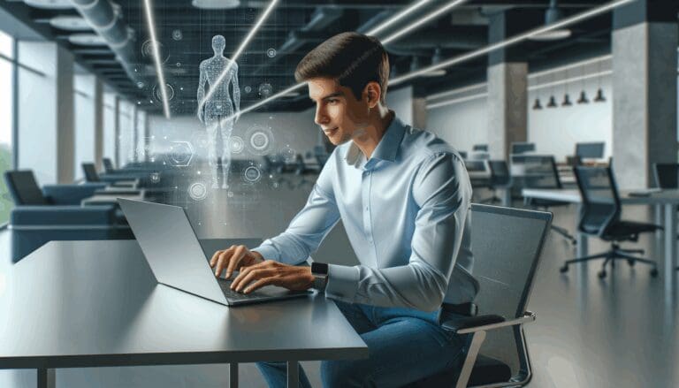 Joven emprendedor trabajando en una laptop en un espacio de coworking moderno, con gráficos digitales de inteligencia artificial al fondo.