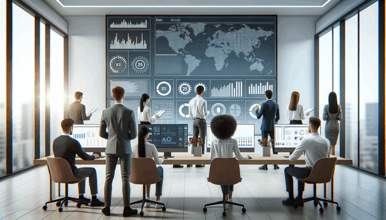 Equipo diverso trabajando frente a pantallas mostrando análisis de datos en una moderna oficina tech.