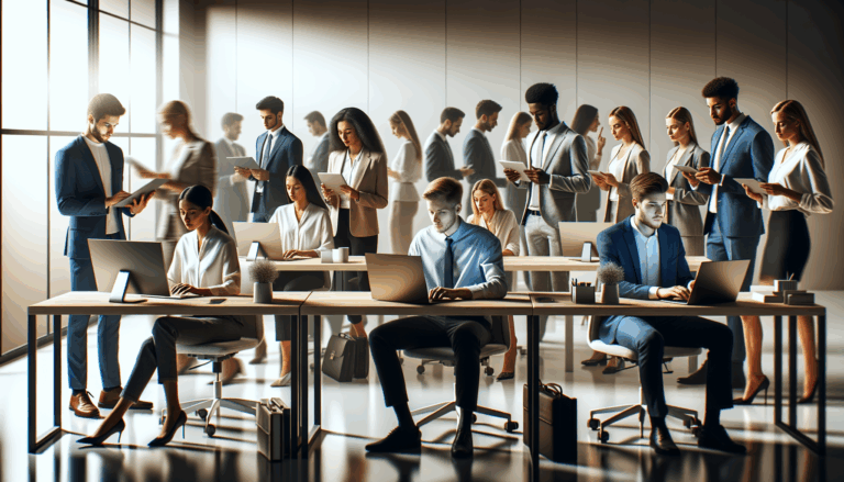 Detalles de una oficina moderna y luminosa con jóvenes profesionales trabajando en tecnología.