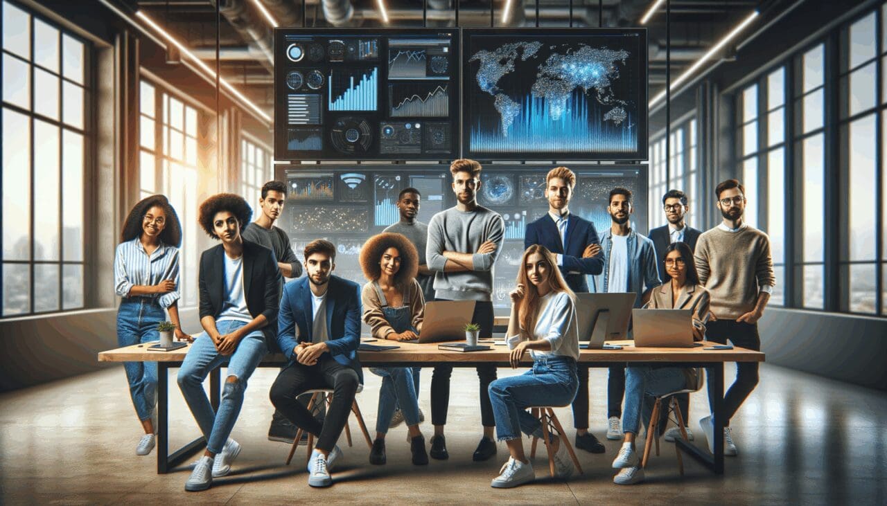 Grupo de jóvenes emprendedores colaborando frente a pantallas con gráficos tecnológicos en un coworking moderno.