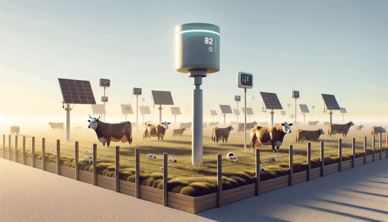 Campo argentino con ganado y sensores digitales en postes, bajo cielo despejado.