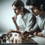 Primer plano de dos personas analizando circuitos en una mesa de laboratorio tecnológico, ambiente moderno y profesional.