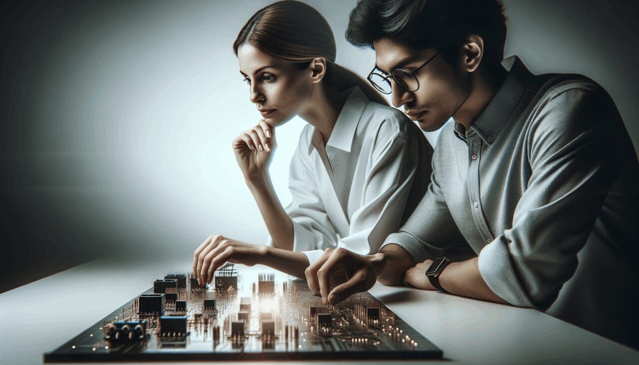 Primer plano de dos personas analizando circuitos en una mesa de laboratorio tecnológico, ambiente moderno y profesional.