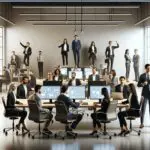 Emprendedores y ejecutivos reunidos en un moderno espacio coworking tecnológico con pantallas y dispositivos digitales.