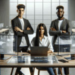 Tres jóvenes emprendedores trabajando en una sala moderna con pantallas y dispositivos tecnológicos sobre una mesa.