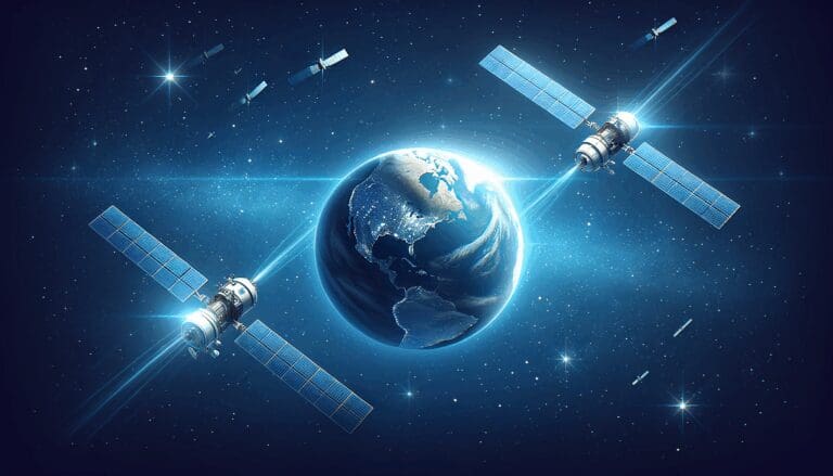 Satélites en órbita alrededor de la Tierra, fondo estrellado y tonos azulados.