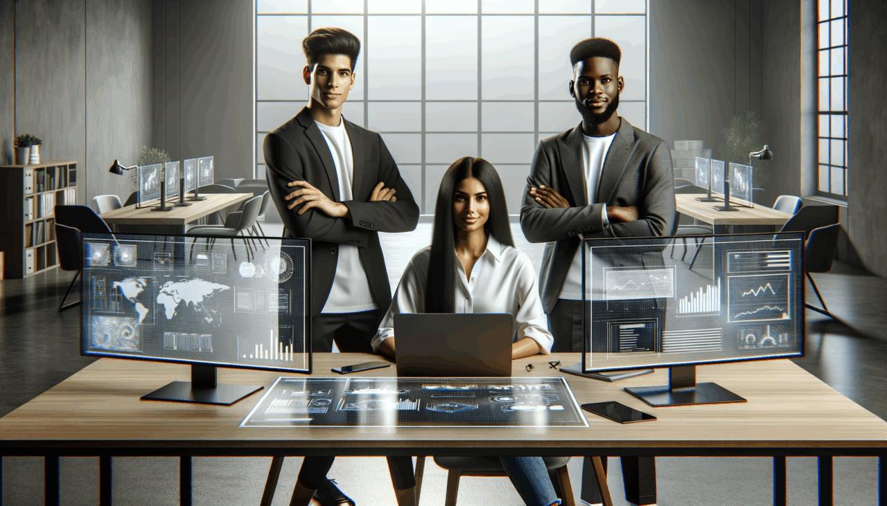Tres jóvenes emprendedores trabajando en una sala moderna con pantallas y dispositivos tecnológicos sobre una mesa.