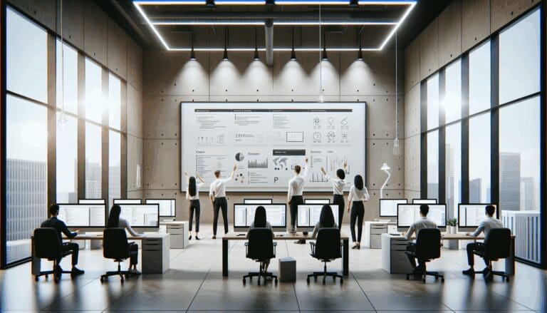 Oficina moderna y minimalista con equipos de desarrolladores colaborando frente a pantallas y pizarras.