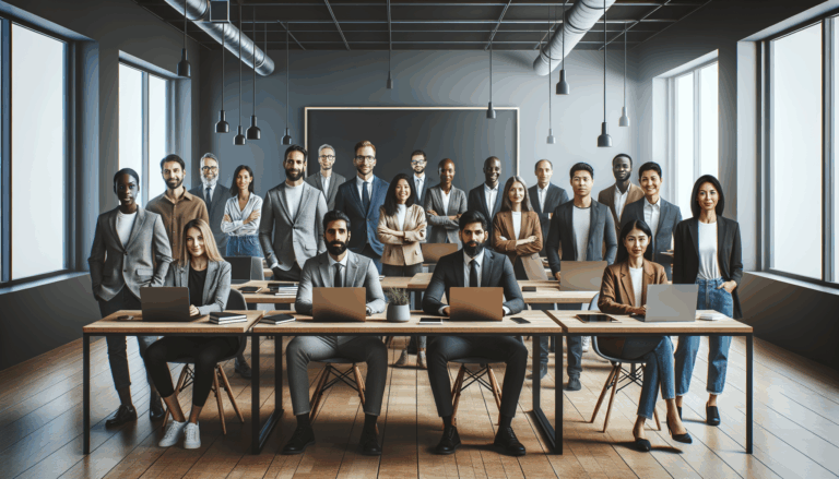 Equipo diverso de emprendedores reuniéndose en un coworking moderno con laptops y pizarras digitales.