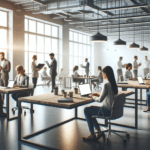 Espacio diáfano con emprendedores trabajando en laptops, ambiente moderno y colaborativo.