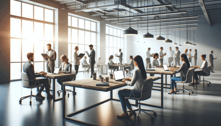 Espacio diáfano con emprendedores trabajando en laptops, ambiente moderno y colaborativo.
