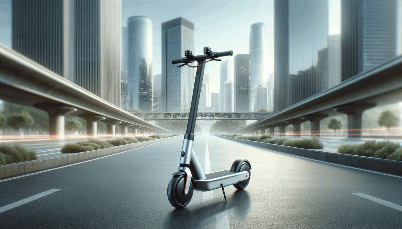 Primer plano de un patinete eléctrico futurista en ciudad moderna, con fondo difuminado y luz natural.