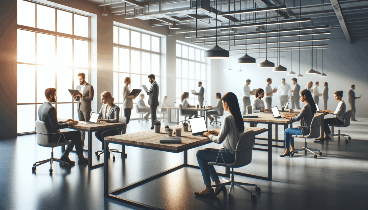 Espacio diáfano con emprendedores trabajando en laptops, ambiente moderno y colaborativo.