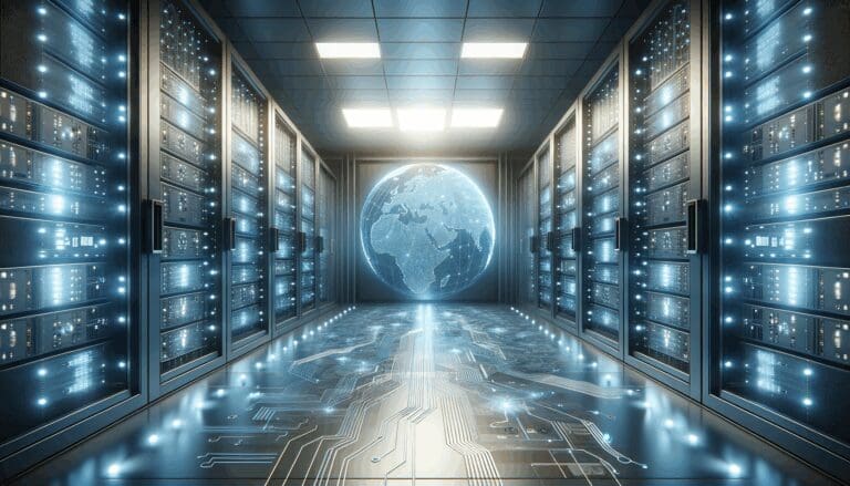 Concepto futurista de una sala de servidores digitales, con luces azules y conexiones tecnológicas, representando innovación financiera.