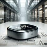 Primer plano de un dispositivo wearable moderno sobre una mesa en ambiente urbano y tecnológico.