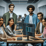 Fotografía de un joven equipo de desarrolladores en un entorno tecnológico con pantallas y servidores al fondo.