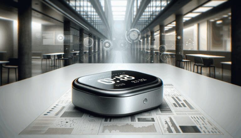 Primer plano de un dispositivo wearable moderno sobre una mesa en ambiente urbano y tecnológico.