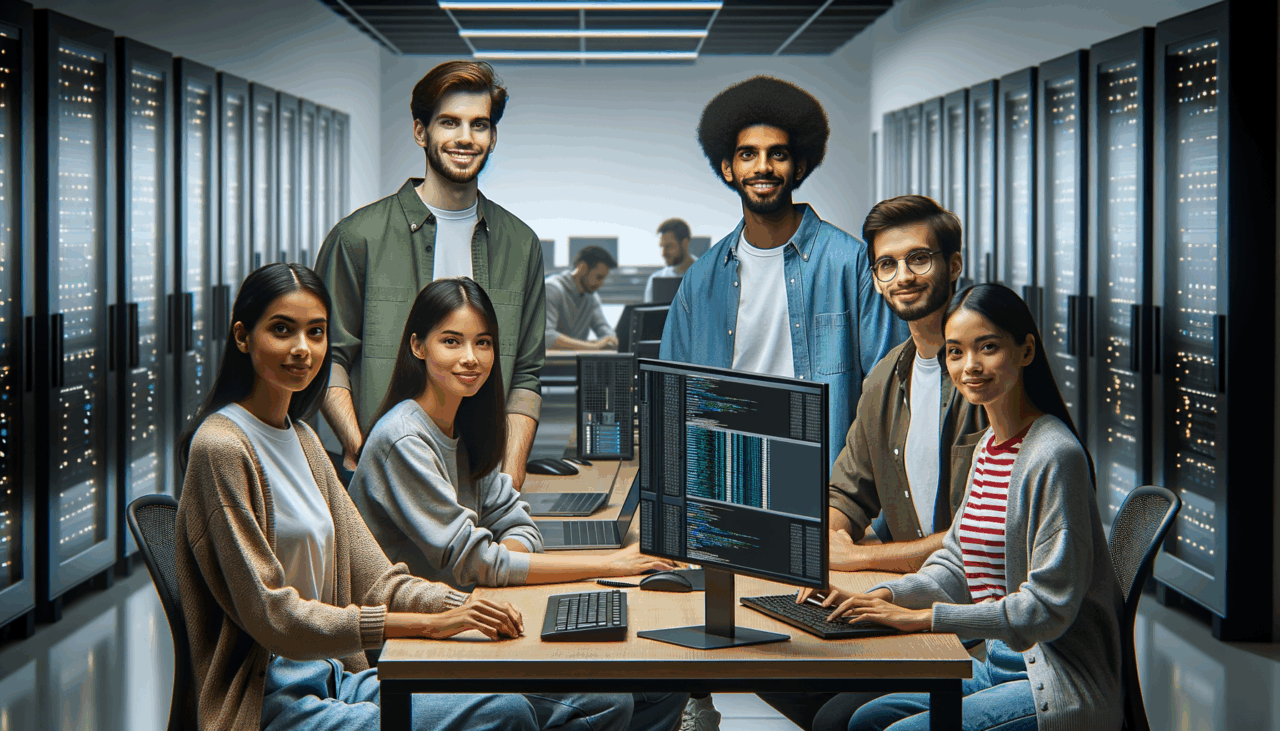 Fotografía de un joven equipo de desarrolladores en un entorno tecnológico con pantallas y servidores al fondo.