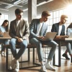 Equipo de jóvenes emprendedores trabajando en laptops en una oficina moderna de coworking.
