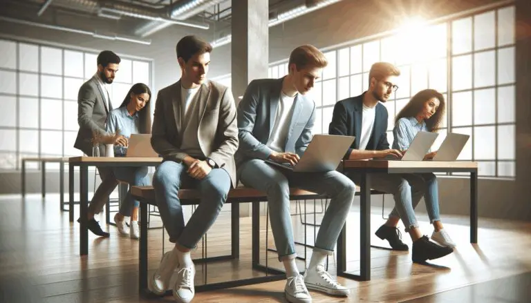 Equipo de jóvenes emprendedores trabajando en laptops en una oficina moderna de coworking.