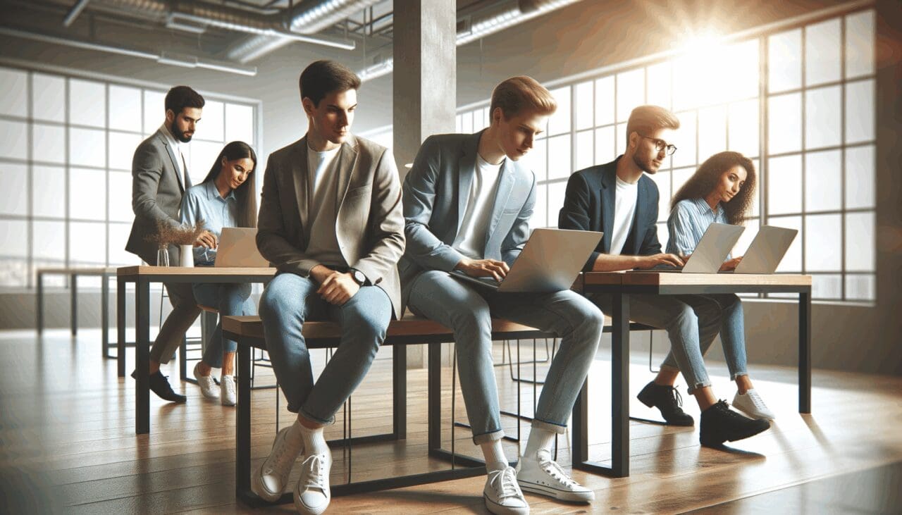 Equipo de jóvenes emprendedores trabajando en laptops en una oficina moderna de coworking.
