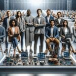 Grupo de innovadores presentando proyectos tecnológicos en un auditorio moderno.