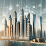 Ilustración moderna de rascacielos de Dubái con símbolos digitales y gráficos tecnológicos en el aire.