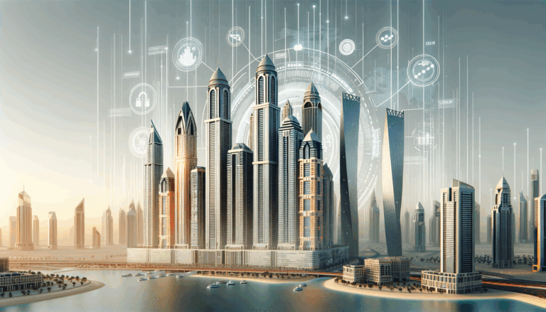 Ilustración moderna de rascacielos de Dubái con símbolos digitales y gráficos tecnológicos en el aire.