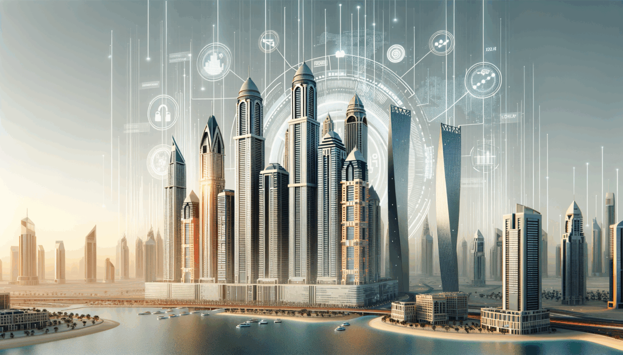 Ilustración moderna de rascacielos de Dubái con símbolos digitales y gráficos tecnológicos en el aire.