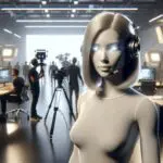 Render hiperrealista de una actriz virtual en estudio de cine moderno, rodeada de tecnología avanzada.