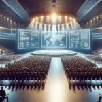 Fotografía de un auditorio moderno repleto de asistentes, con un escenario iluminado y pantallas mostrando gráficos tecnológicos.